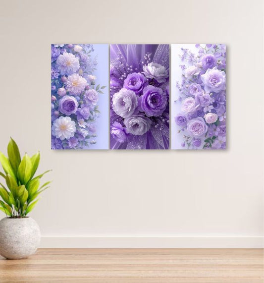 Set of 3 Flowers Art Wooden Frames for Wall Decoration - 8x11 Inches Sticky Photo Tiles
